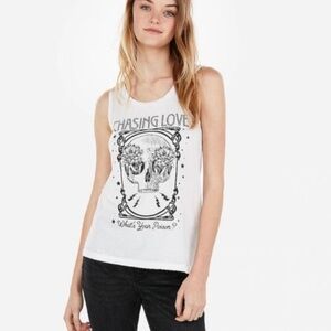 Express "Chasing Love" Skull Graphic Crew Neck Muscle Tank White